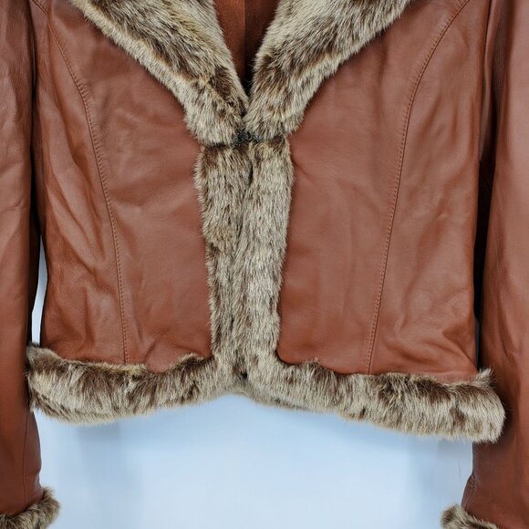 One Girl Who Brown Leather Y2K Western Fur Afghan Penny Lane Jacket Coat MobWife - Picture 11 of 13